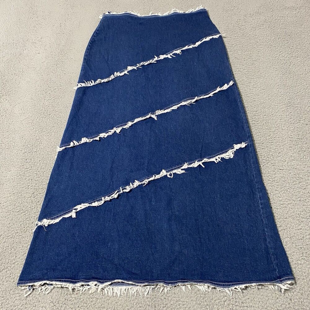 Vintage Denim Skirt Womens 2X / 32 Blue Tiered Frayed Boho Y2K Western Cottage